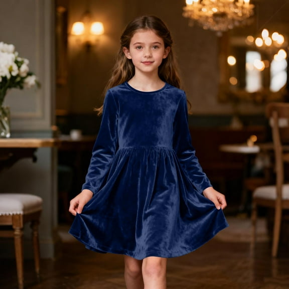Tdoqot Girls Velvet Party Dresses- Elegant Soft Crewneck Long Sleeve Kids Winter Midi Dress Dark Blue Size 6