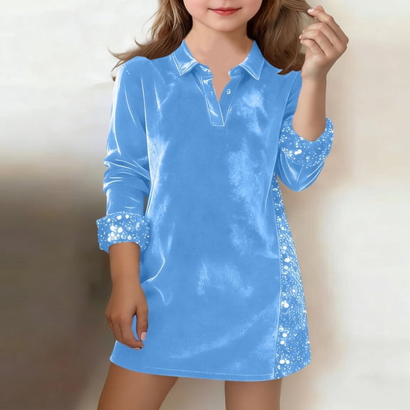 Tdoqot Girls Velvet Sequin Dress- Luxurious Turndown Collar Long Sleeve Soft Kids Party Mini Dresses Light Blue Size 10-12 Years