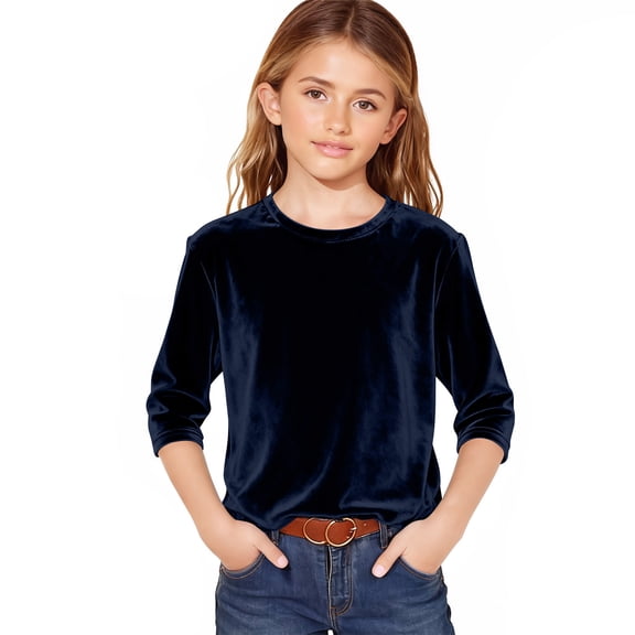 Tdoqot Girls Velvet T-Shirts- Dressy Casual Soft Long Sleeve Crewneck Party Tops Navy Size 10