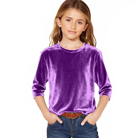 Tdoqot Girls Velvet T-Shirts- Soft Long Sleeve Dressy Casual Crewneck Party Tops Purple Size 6
