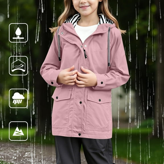 Tdoqot Girls Waterproof Windbreaker with Hood- Lightweight Zip Up Casual Kids Fall Jackets Pink Size 4-14