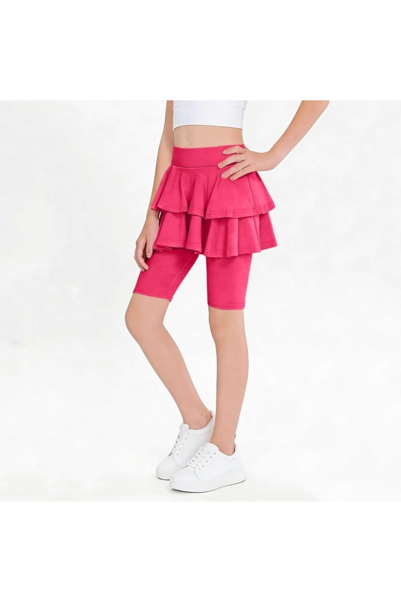 Girls Yoga Shorts with Skirt- Soft Cotton Summer High Waist Ruffle Kids Dance Shorts Hot Pink Size 6-14