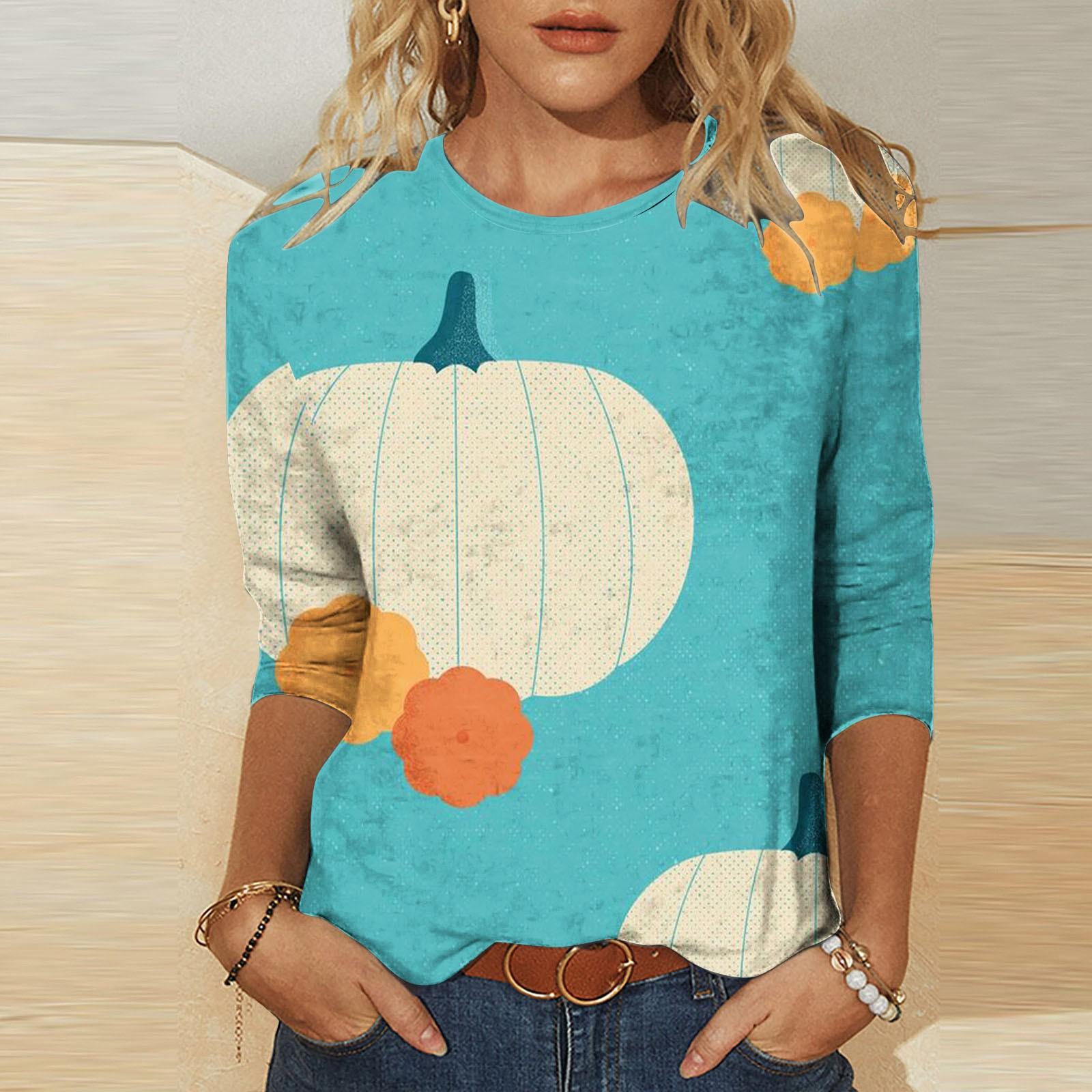 Tdoqot Halloween Shirts for Women Pumpkin Graphic 3/4 Sleeve Plus Size