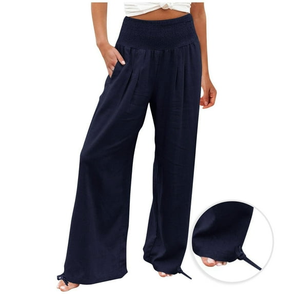 Tdoqot Linen Pants Women Summer- Comfy High Waisted Loose Drawstring Casual Jogger Pants Navy Size XL