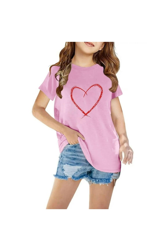 Little Girls Cute T Shirts- Print Casual Cotton Short Sleeve Kids Summer Tops Pink Size 10