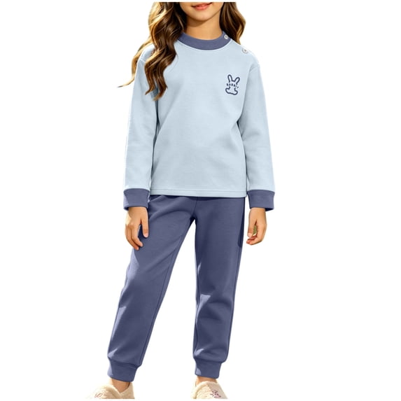 Tdoqot Little Girls Fleece Outfits Set- Warm Long Sleeve Cute Casual Kids Fall Clothes T Shirts and Pants Blue Size 8 T