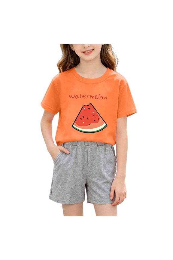 Little Girls Outfits Set 2 PC- Cute Cotton Short Sleeve Kids Summer Clothes T Shirts and Shorts Orange Size 6 T