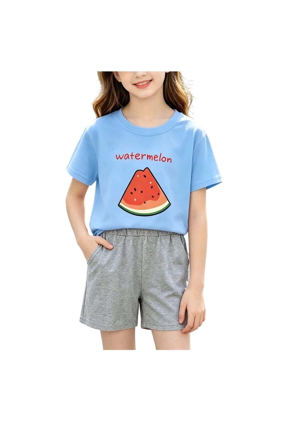 Little Girls Outfits Set 2 PC- Short Sleeve Kids Summer Clothes Cotton Cute T Shirts and Shorts Light Blue Size 3 T