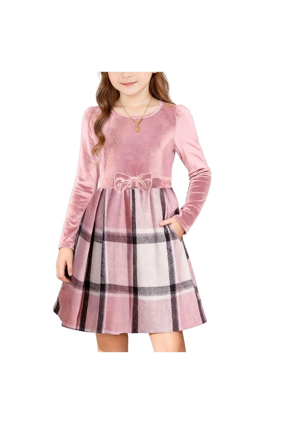 Little Girls Velvet Casual Dress- Winter Soft Long Sleeve Cute Kids Party Dress Pink Size 6