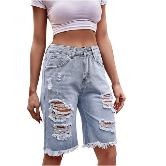 Tdoqot Long Jean Shorts for Women- Stretch Ripped Mid Rise 2023 Pull on Button down Denim Shorts Light Blue 4