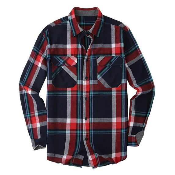 Tdoqot Long Sleeve Shirts for Men Button Down- Casual Loose Crew Neck Plaid Flannel Shirts Navy Size L