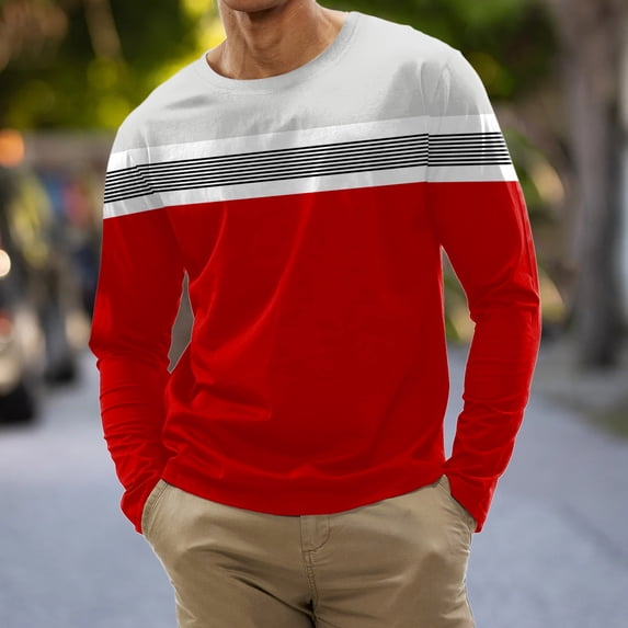 Tdoqot Long Sleeve Shirts for Men- Striped Casual Crew Neck Loose T Shirts Red Size 3XL