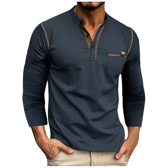 Tdoqot Long Sleeve Shirts for Men- V Neck Slim Fit Fashion Casual T Shirts Dark Blue Size XXL