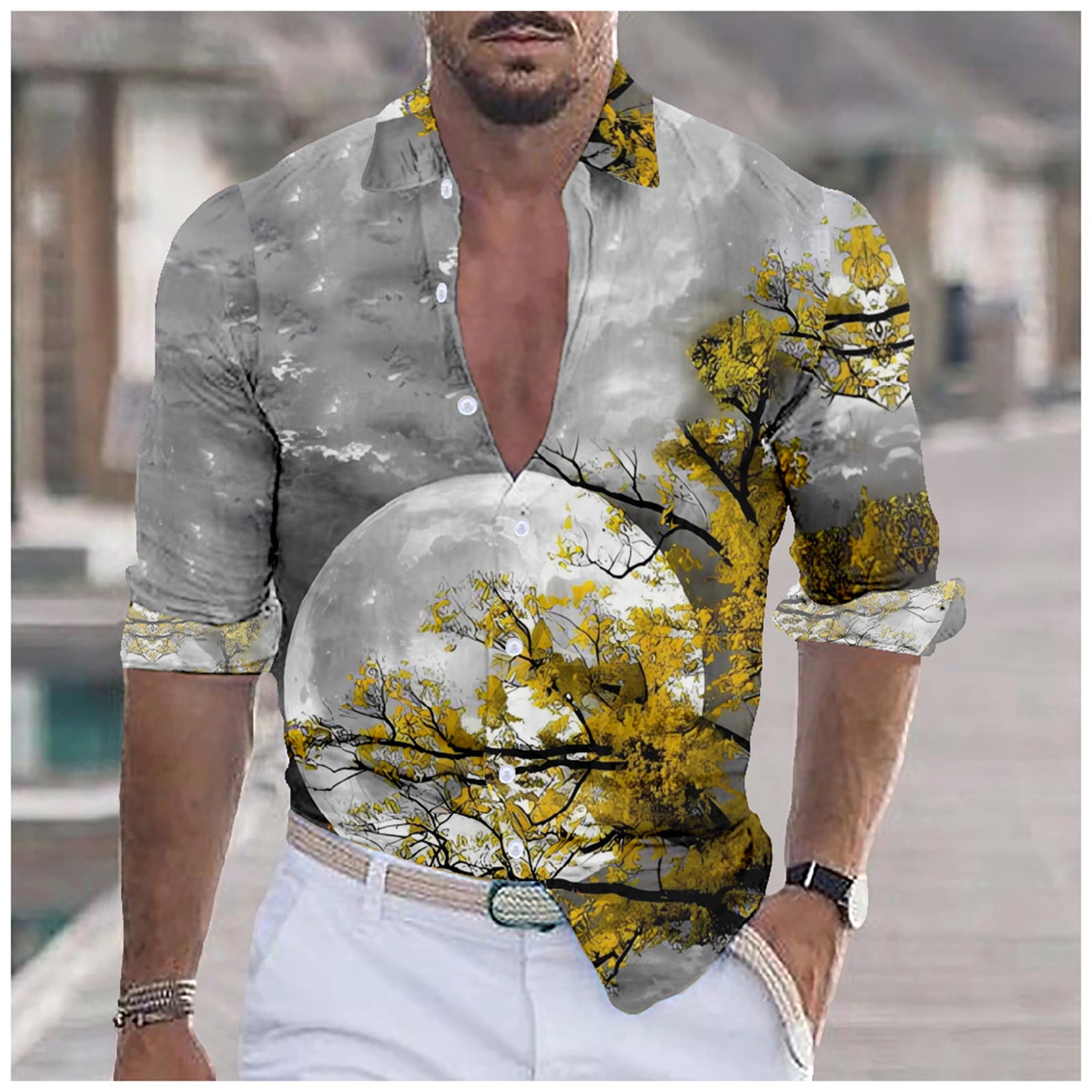 Tdoqot Men's Halloween Shirts Casual Moon Graphic Loose Long Sleeve Fall Holiday Lapel Button