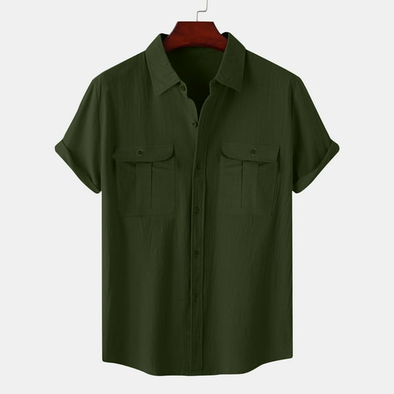 Tdoqot Mens Button Down Shirts with Pockets- Breathable Short Sleeve Casual Cotton Linen Summer Tops Army Green Size L