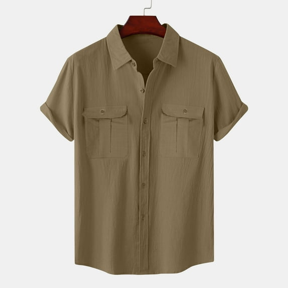 Tdoqot Mens Button Down Shirts with Pockets- Short Sleeve Breathable Cotton Linen Casual Summer Tops Brown Size 4XL