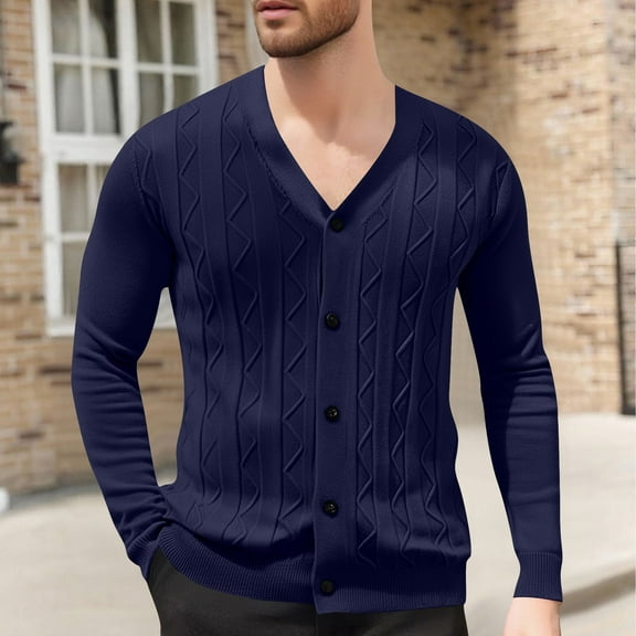 Tdoqot Mens Cardigan Sweaters- V-Neck Winter Button Down Knit Casual Texture Cardigans Navy Size M