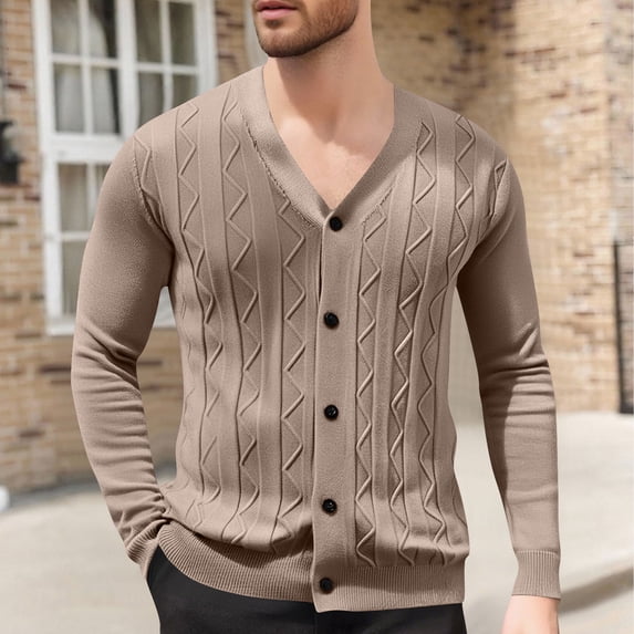 Tdoqot Mens Cardigan Sweaters- Winter Casual V-Neck Button Down Knit Texture Cardigans Brown Size XL
