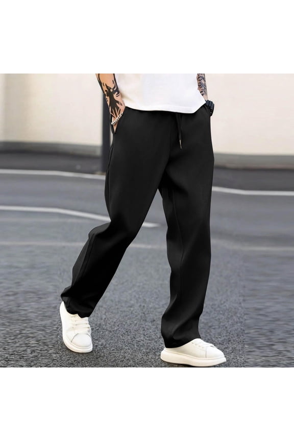 Mens Chino Pants with Pockets- Casual Elastic Waist Straight Leg Slim Fit Drawstring Pants Black Size M