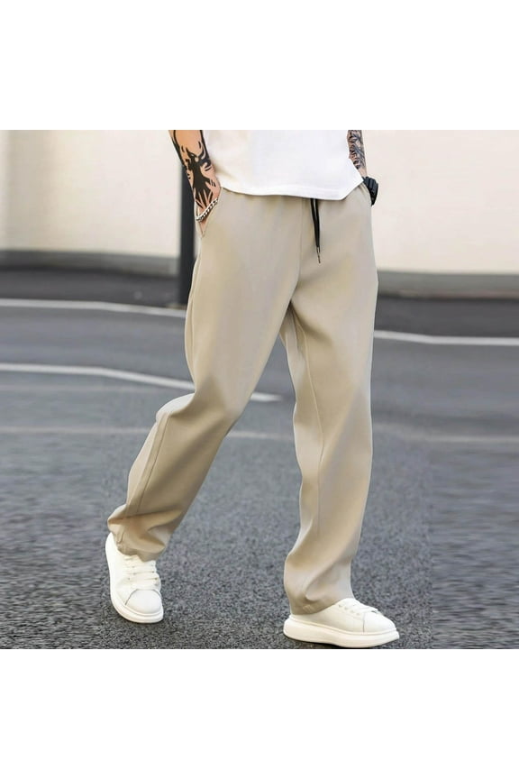 Mens Chino Pants with Pockets- Casual Slim Fit Straight Leg Elastic Waist Drawstring Pants Khaki Size 3XL