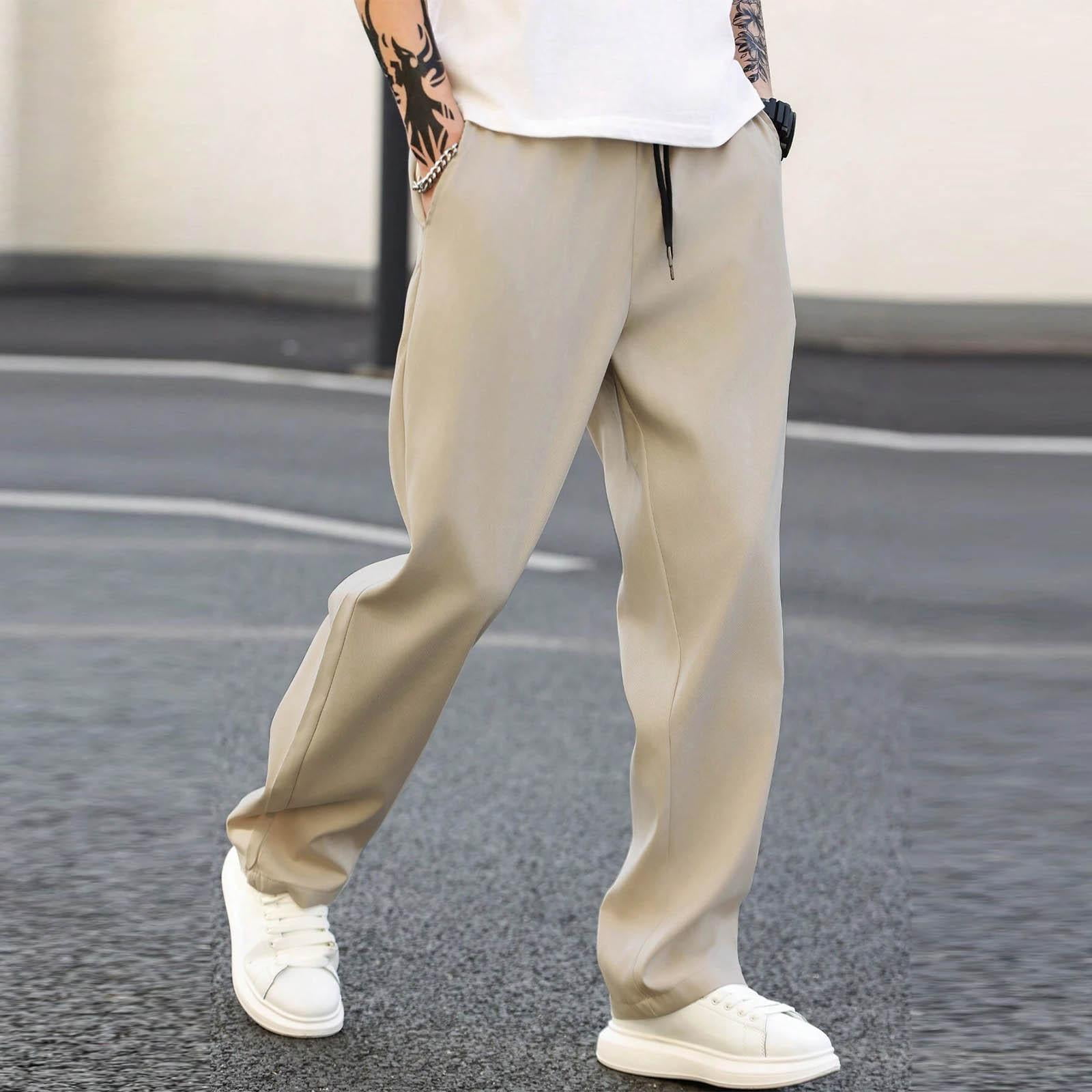 HUPOM Men's High Waist Chino Pants, Slim Straight Trousers