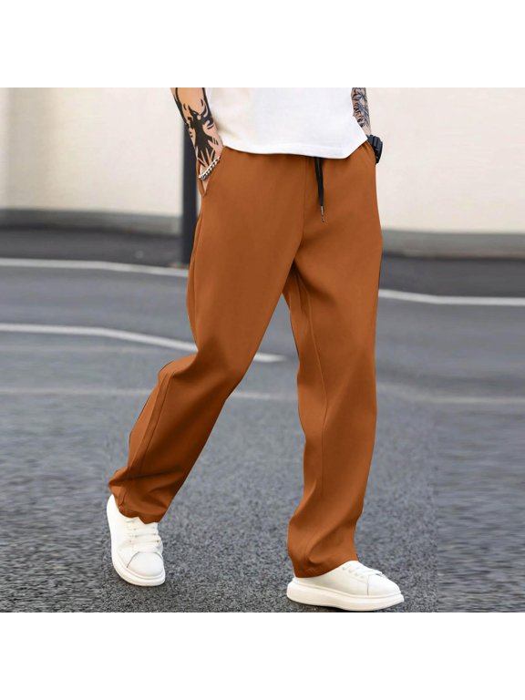 Mens Chino Pants with Pockets- Elastic Waist Straight Leg Slim Fit Casual Drawstring Pants Orange Size 3XL