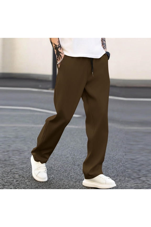 Mens Chino Pants with Pockets- Slim Fit Casual Straight Leg Elastic Waist Drawstring Pants Brown Size XL