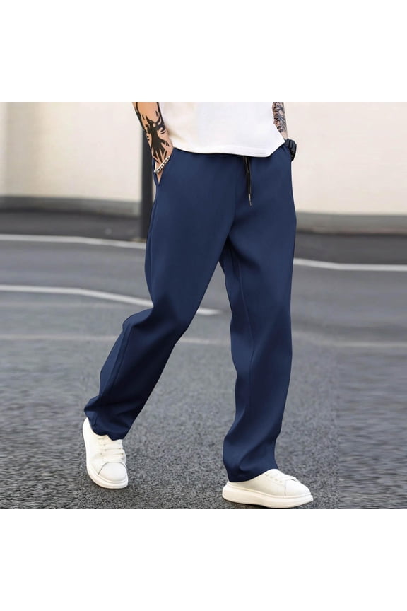 Mens Chino Pants with Pockets- Straight Leg Elastic Waist Casual Slim Fit Drawstring Pants Blue Size 2XL