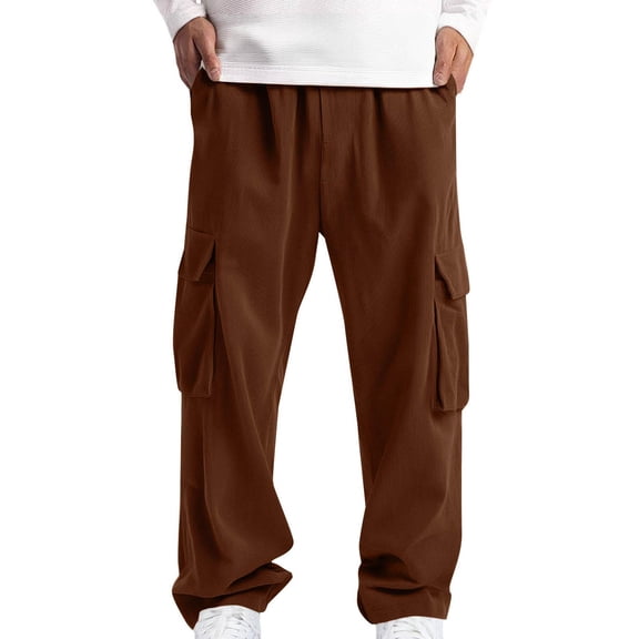 Tdoqot Mens Corduroy Cargo Pants- Casual Wide Leg Elastic Waist Drawstring Cotton Pants Coffee Size S