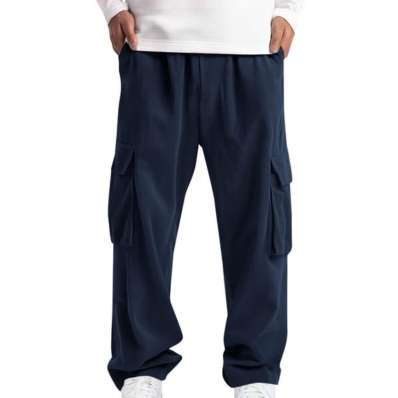 Tdoqot Mens Corduroy Cargo Pants- Elastic Waist Drawstring Wide Leg Casual Cotton Pants Navy Size L