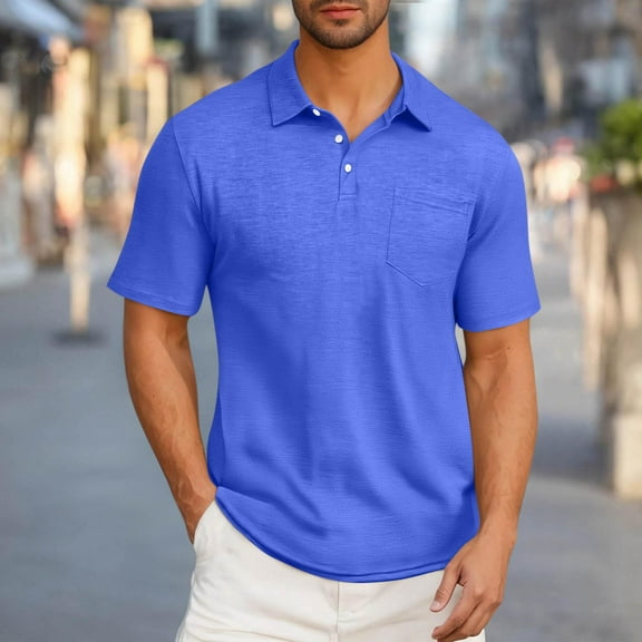 Tdoqot Mens Cotton Polo Shirts with Collar- Casual Short Sleeve Regular Fit Summer Shirts with Pocket Blue Size L