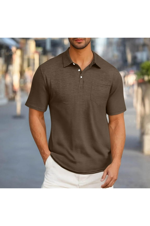 Mens Cotton Polo Shirts with Collar- Casual Short Sleeve Regular Fit Summer Shirts with Pocket Brown Size L