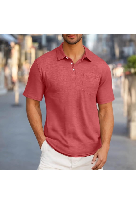 Mens Cotton Polo Shirts with Collar- Short Sleeve Casual Regular Fit Summer Shirts with Pocket Pink Size XL