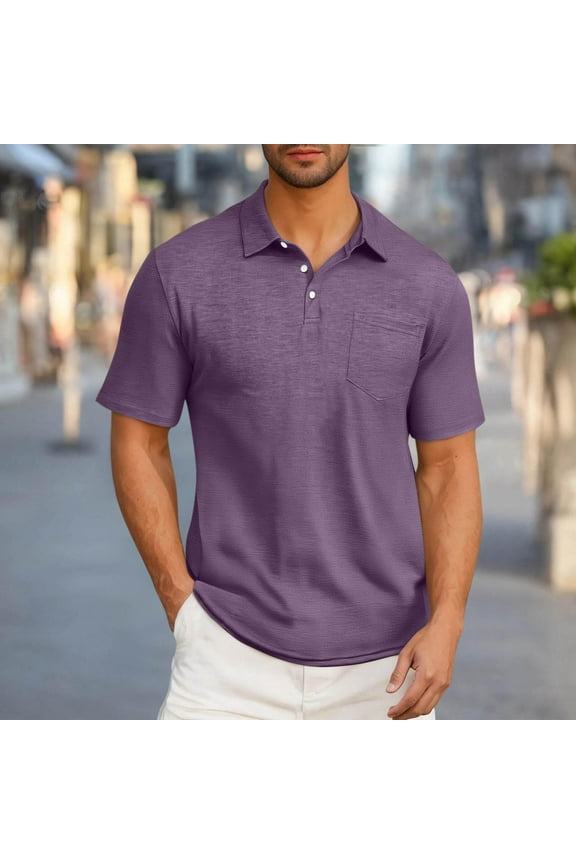 Mens Cotton Polo Shirts with Collar- Short Sleeve Regular Fit Casual Summer Shirts with Pocket Purple Size 3XL