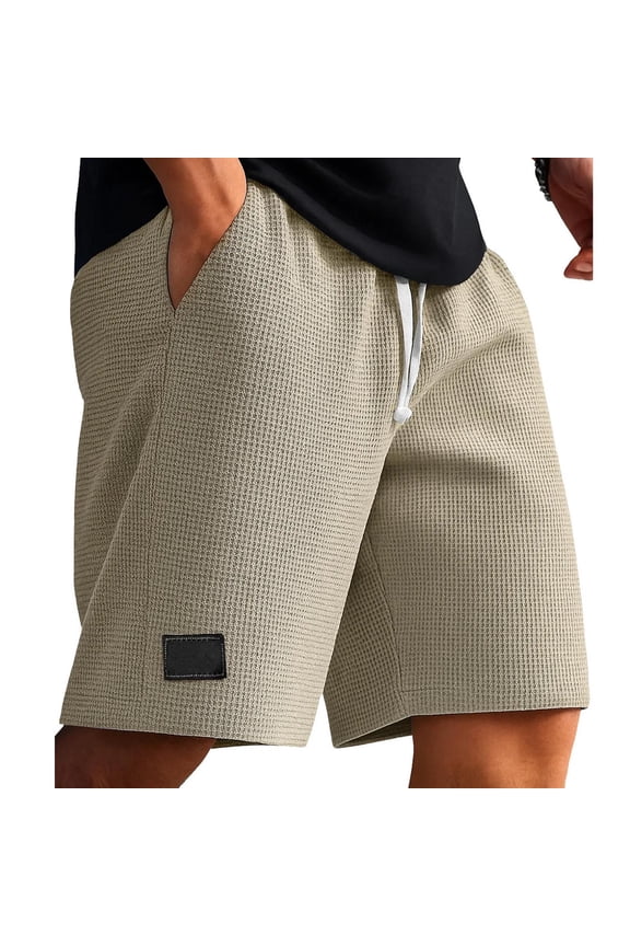 Mens Cotton Shorts with Pockets- Drawstring Casual Elastic Waist Summer Fashion Beach Shorts Khaki Size M-4XL