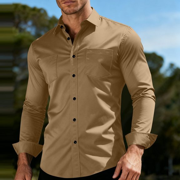 Tdoqot Mens Dress Shirts with Pockets- Stretch Long Sleeve Button Down Collared Formal Business Shirts Khaki Size 3XL