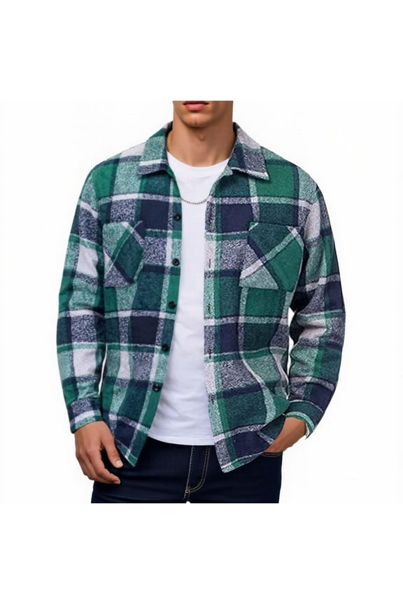 Mens Flannel Jackets Hoodless- Long Sleeve Button Down Plaid Casual Regular Fit Fall Shirt Jacket Green Size S-4XL