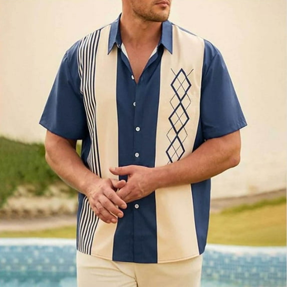 Tdoqot Mens Graphic Button Down Shirts- Relaxed Fit Summer Short Sleeve Casual Beach Resort Shirts Blue Size L