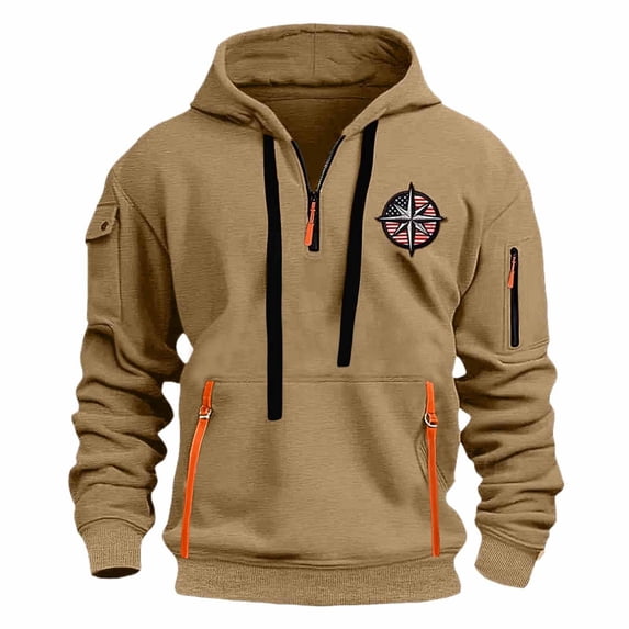 Tdoqot Mens Graphic Hoodies with Zipper Pockets- Casual Fashion Long Sleeve Pullover Hooded Sweatshirt Khaki Size M