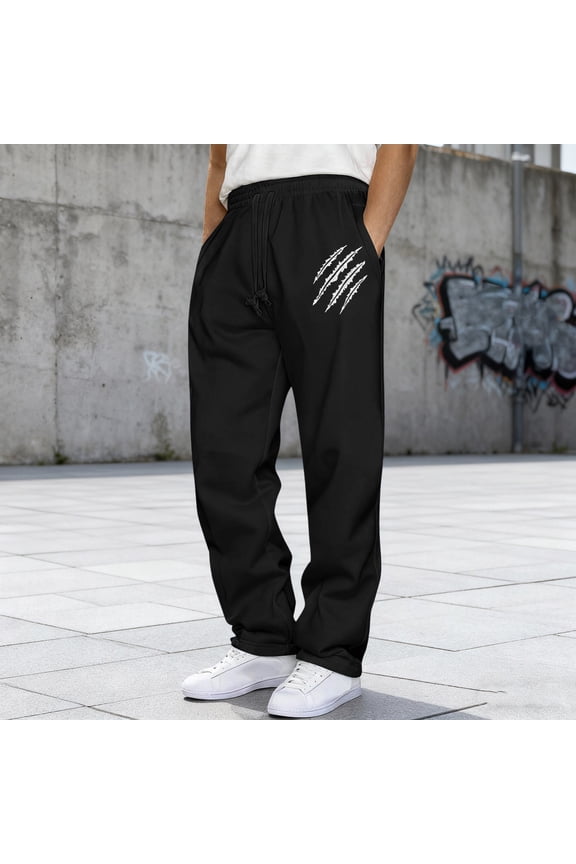Mens Graphic Sweatpants with Pockets- Fashion Baggy Casual Elastic Waist Drawstring Wide Leg Pants Black Size XL