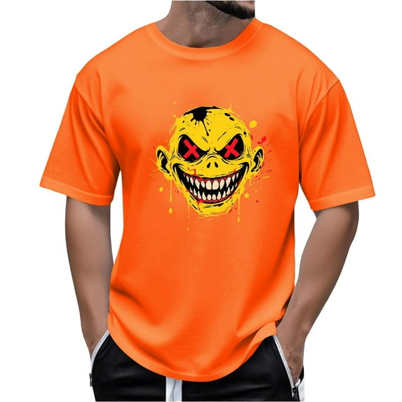 Tdoqot Mens Halloween Graphic T-shirt- Funny Short Sleeve Crewneck Ghost Tees Orange Size 3XL