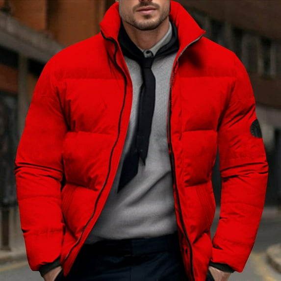 Tdoqot Mens Hoodless Puffer Jacket- Lapel Zip up Loose Fit Casual Winter Coats Red Size L