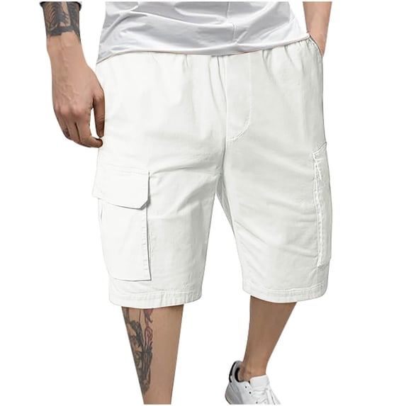 Tdoqot Mens Lightweight Cargo Shorts- Knee Length Casual Elastic Waist Relaxed Fit Drawstring Shorts White Size XL