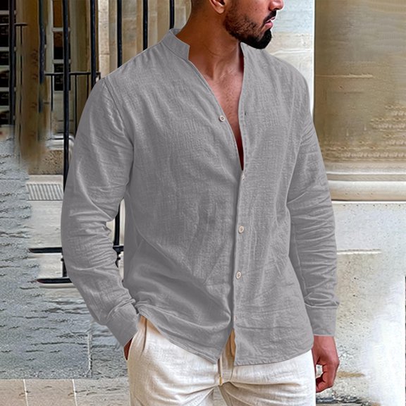 Tdoqot Mens Linen Shirts Long Sleeve- V-Neck Casual Button Down Summer Beach Shirts Gray Size M