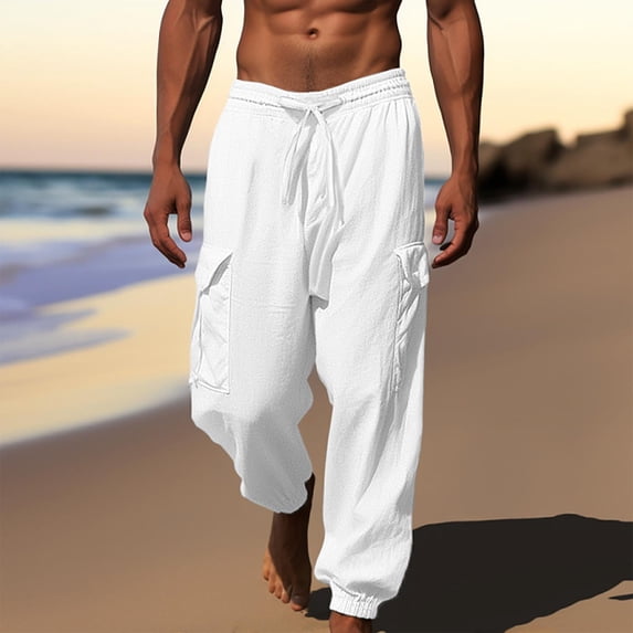 Tdoqot Mens Pants Baggy Cotton Linen Casual Wide Leg Chinos Pants Men White Size M