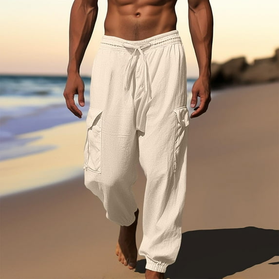 Tdoqot Mens Pants Casual Baggy Wide Leg Cotton Linen Chinos Pants Men Beige Size M