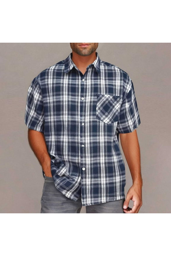 Mens Plaid Button Down Shirts with Pocket- Casual Regular Fit Short Sleeve Classic Shirts Navy Size XL
