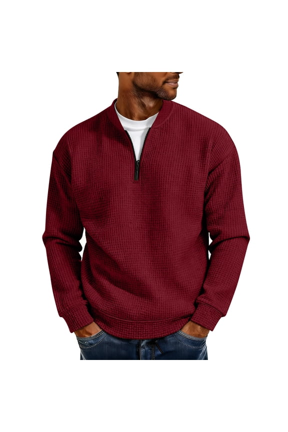 Mens Waffle Sweatshirt Quarter Zip- Casual Quilted Fashion Long Sleeve Pullover Tops Red Size S