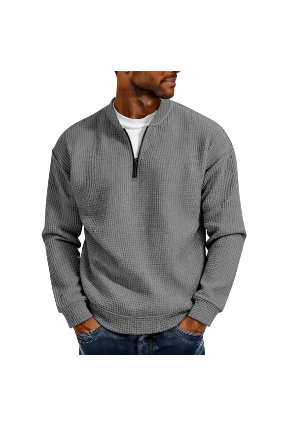 Mens Waffle Sweatshirt Quarter Zip- Long Sleeve Casual Quilted Fashion Pullover Tops Gray Size M