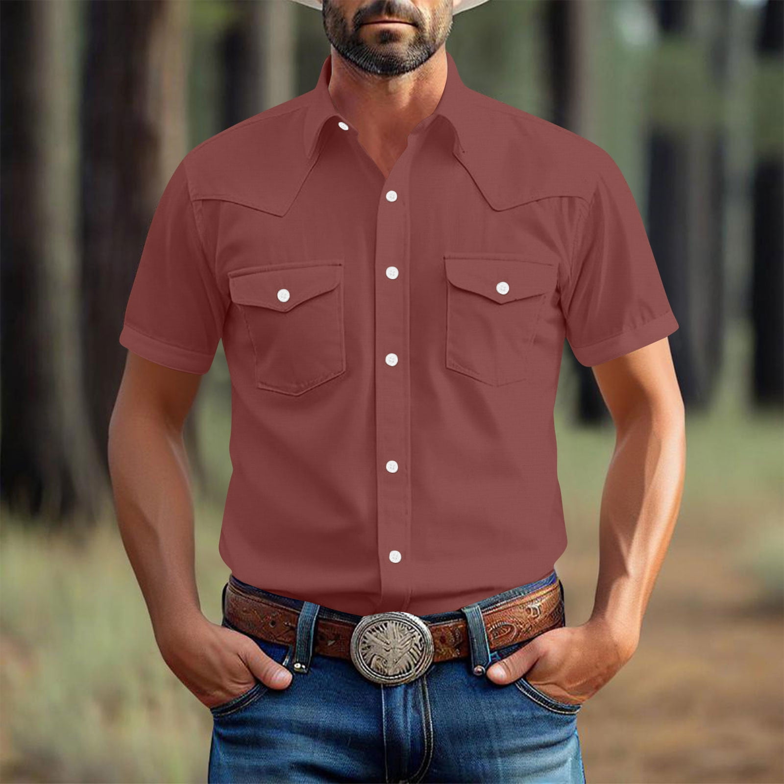 Tdoqot Mens Western Shirts with Pocekts- Button Down Casual Short Sleeve  Regular Fit Cowboy Shirts Wine Size 3XL - Walmart.com